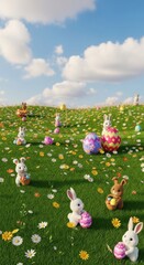 Naklejka premium Festive Easter celebration with bunny figures on a whimsical floral hillscape