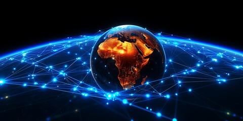 Illuminated Earth globe with glowing blue network connections stretching across its surface