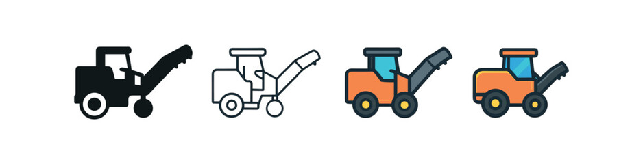 Naklejka premium Vector icon road milling machine four styles black solid glyph outline minimal flat multicolor filled cartoon flat shaded.