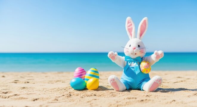 Festive beachfront holiday celebration with playful bunny and colorful easter eggs