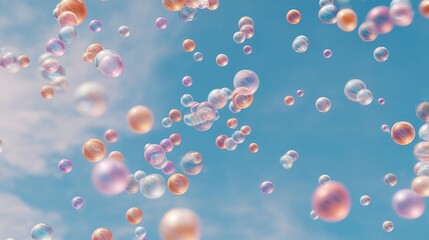 Fototapeta premium Colorful bubbles flying in sky background during pop music festival celebration. Joyful atmosphere with transparent spheres reflecting light for party concepts and entertainment events
