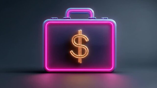 Glowing neon briefcase with dollar symbol illustration on dark background