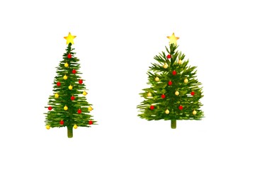 Set watercolor festive Christmas tree decorated with red yellow balls golden star on top hand drawn isolated on white background