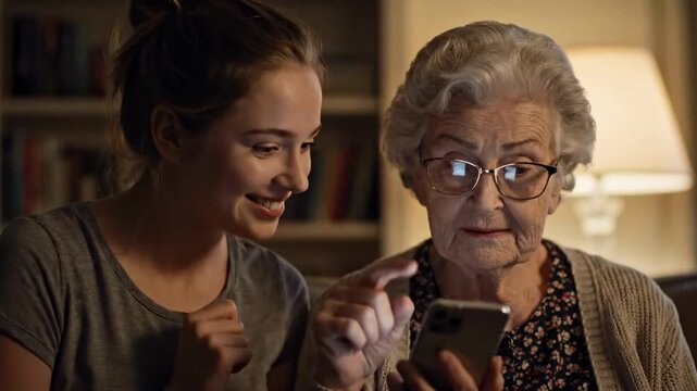 Grandmother learning technology from granddaughter, modern family connecting with smartphone