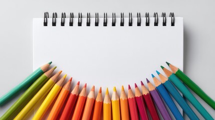 Fototapeta premium Colorful assortment of colored pencils arranged around a blank spiral notebook showcasing creativity and artistic expression in a minimalist composition