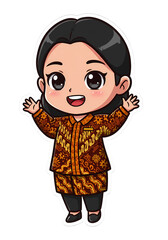 Cute Cartoon Girl Character in Batik Outfit png clear alpha channel cutout isolated on transparent background