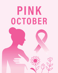 Pink October awareness illustration with woman silhouette, pink ribbon and flowers. Breast cancer prevention and support campaign design for health, medical, charity and awareness projects
