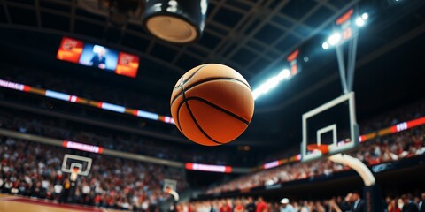 Basketball suspended mid air in brightly lit stadium arena with blurred crowd and scoreboard