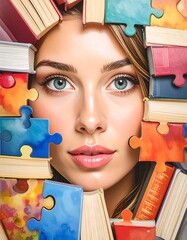 Woman surrounded by books and puzzle pieces