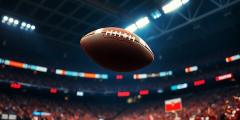 An American football floats against a backdrop of stadium lights and blurred spectators