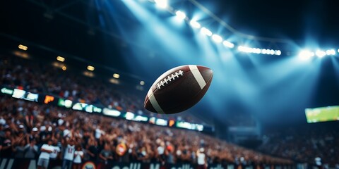 A football suspended mid air with stadium lights and a blurred crowd in the background