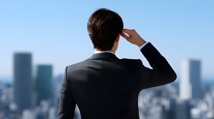 A well-dressed businessman stands in front of a modern city skyline, lost in thought as he considers future plans and strategies for success.