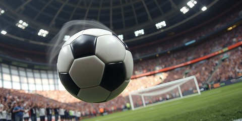 Soccer ball in motion above a green field with stadium crowd and goalposts