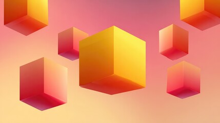 Obraz premium Abstract floating cubes in vibrant gradients of yellow, orange, and pink creating a modern and artistic background for creative projects and designs.