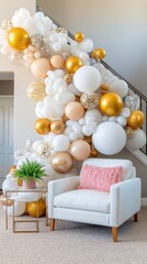 Simplified Process of Creating a Classic Neutral Balloon Garland: Inflate, Sort, Tie, Cluster and Attach on a Clean Wall Mount Sequence