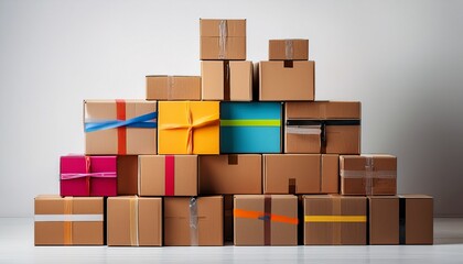 stacked cardboard shipping boxes with colorful tape on a clean white backdrop