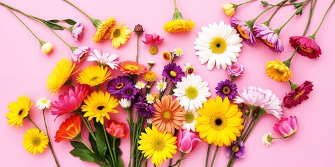 Vibrant assortment of colorful gerbera daisies and chrysanthemums arranged on a pink background