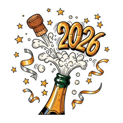A celebratory champagne bottle erupts with bubbly foam scattering confetti and stars featuring the year 2026 prominently New Year celebration cork popping