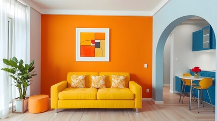 Vibrant ambiance with a yellow and orange living room, yellow sofa, and blue kitchen with arches. Perfect for modern interior design.