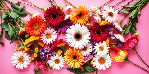 Assortment of colorful gerbera and daisy flowers arranged on a pink background