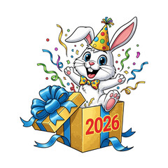 Cheerful white bunny wearing a party hat and bow tie emerges from a gift box decorated with the year 2026 and festive confetti rabbit celebration happy