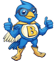 A blue bird superhero with a yellow cape and boots, wearing goggles and giving thumbs up, isolated on transparent background, standing confidently with a smile
