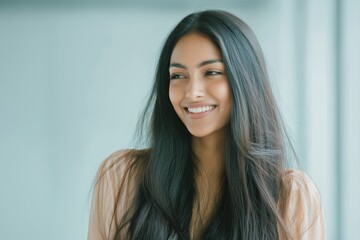 Fototapeta premium Smiling young Indian woman with long straight hair, looking away in soft natural light, indoor portrait