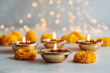 Brass diyas with steady flames on white table, decorated with marigold flowers, festive Diwali celebration concept
