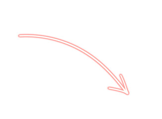 A simple, handdrawn red arrow pointing downwards and to the right, isolated on a clean transparent background, suggesting direction, movement, or a downward trend in a minimalist graphic design