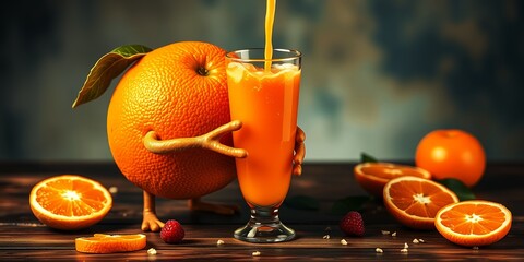 An anthropomorphic orange character embraces a glass of freshly poured orange juice with ice