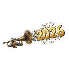 A golden trumpet emits a cascade of musical notes and the numbers 2026 symbolizing a year of musical celebration and new beginnings brass instrument sound
