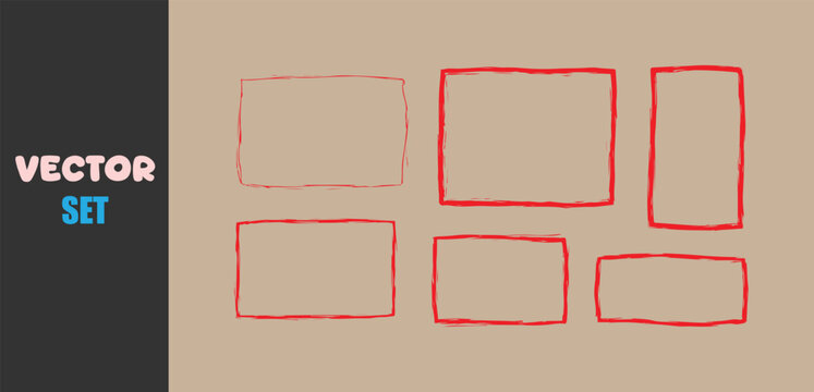 Hand drawn red square frames and borders on kraft paper background