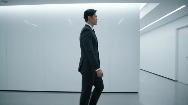 A man in a dark suit walks confidently through a brightly lit, minimalist white hallway, seen from a side profile.