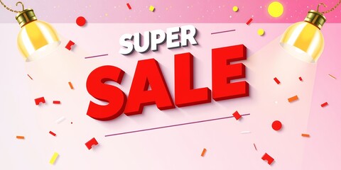 Bold red SUPER SALE text illuminated by spotlight like lamps and surrounded by confetti