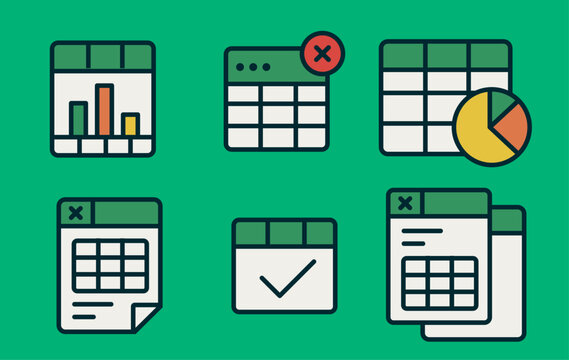 Spreadsheet icon flat illustration. Financial accounting report concept. office things for accounting planning, analysis, audit, project management, marketing, research vector set.