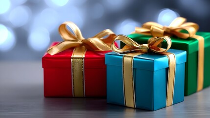 Vibrant, colorful gift boxes with shiny, metallic ribbons and bows, arranged on a blurred, elegant surface for a celebratory, holiday-inspired scene.