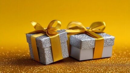 Two elegant, silver-wrapped gift boxes with shiny golden ribbon bows against a vibrant yellow background, creating a festive and luxurious display.