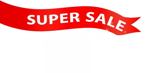 Bright red ribbon banner with white text SUPER SALE against a white background