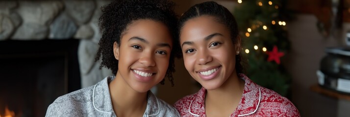 Obraz premium Two young african female adults smiling in front of christmas tree