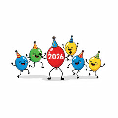 Group of six cartoon balloons wearing party hats one red balloon displays the year 2026 celebration new year happy festive cheerful fun illustration graphic