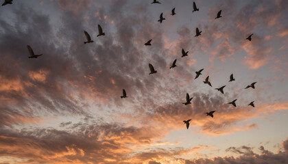 Flock of birds migrating in sunset sky with colorful clouds  
