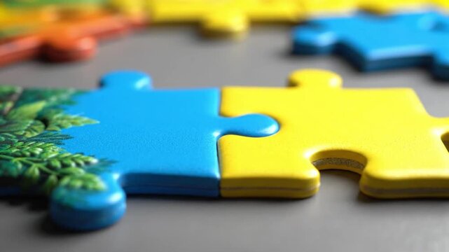 Colorful jigsaw puzzle pieces fitting together, symbolizing connection, solutions, and teamwork.