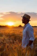 Fototapeta premium Young african male in wheat field at sunset wearing hat and white shirt
