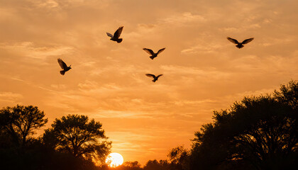 Birds flying at sunset over trees representing concept of Bird migration  