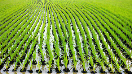 Fototapeta premium Vibrant Green Rice Paddy Field Close Up