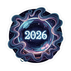 A glowing crystal ball displaying the year 2026 with swirling cosmic smoke and stars set against a dark starry background future prophecy fortune magic