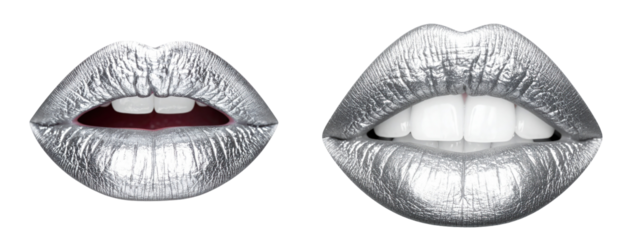 Shimmering Silver Lips Displayed In Two Views Against Transparent Background With Glittering Surface And Open Mouths