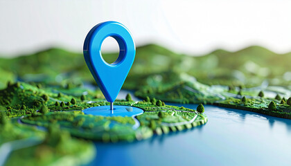 Blue 3D map pin on green platform isolated on white backdrop. Digital navigation and location