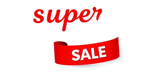 Red ribbon banner with white text SALE and red text super on white background