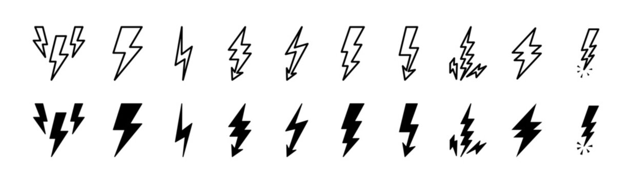 Lightning bolt icon set. Thunderbolt symbol. Electric power energy logo. Flash light sign. Vector illustration.